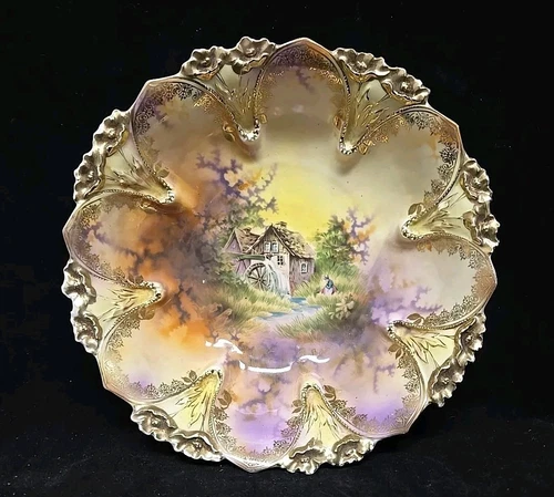 Antique RS Prussia Iris Mold Bowl with Water Mill Scene Gold Accents Gorgeous
