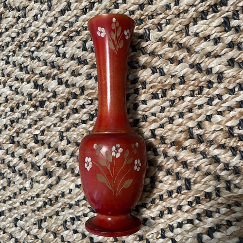 CARVED LACQUERED RED WOODEN VASE Large Red Flowers Leaves Oriental Turned - Picture 11 of 11