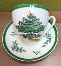 Spode Christmas Tree Flat Cup  Saucer Set Green Trim England S3324 Vintage