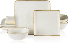 Dinnerware Sets for 4, Ocean Square 12-Piece Kitchen Plates and Bowls Sets, Micr
