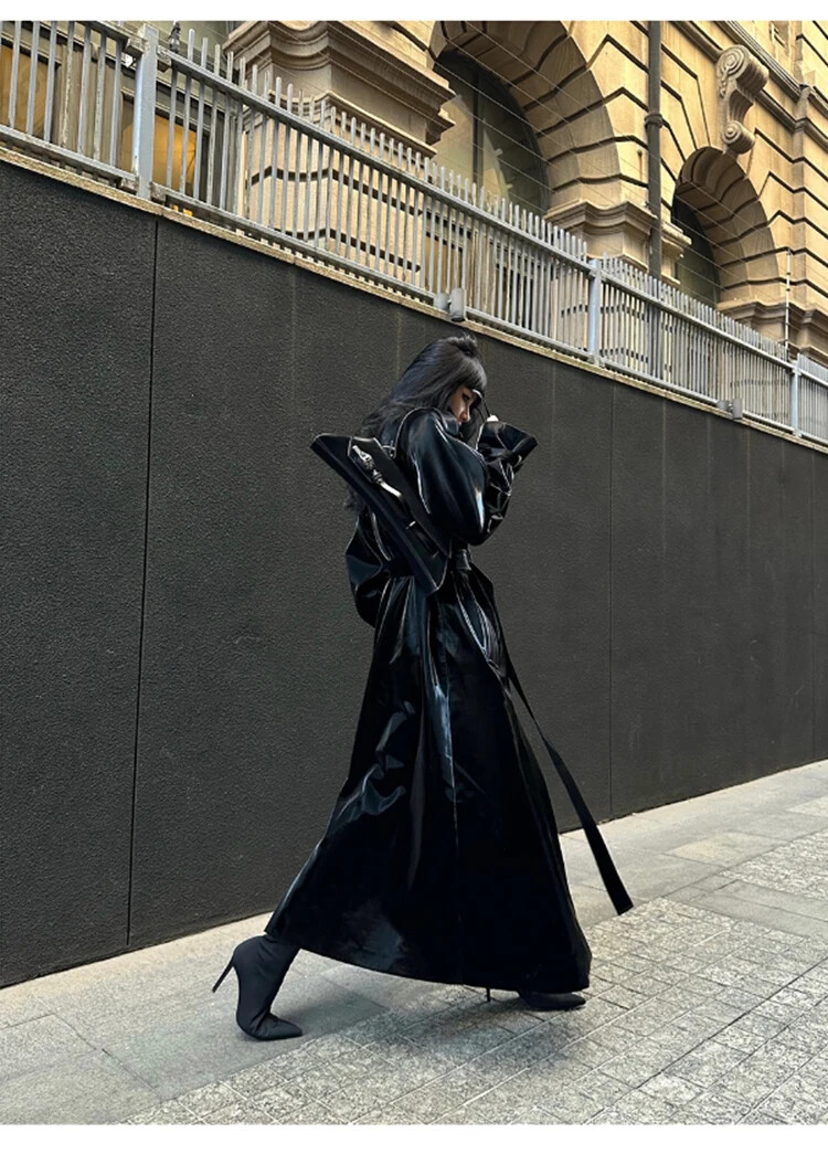 Extra Long Oversized Cool Reflective Shiny Paten Leather Trench Coat Women Belt