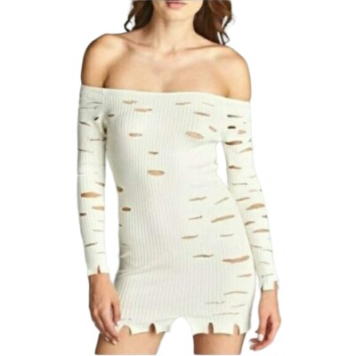 Off the Shoulder Sweater Dress Ribbed Long Sleeves Ivory Distressed Cut Out  M