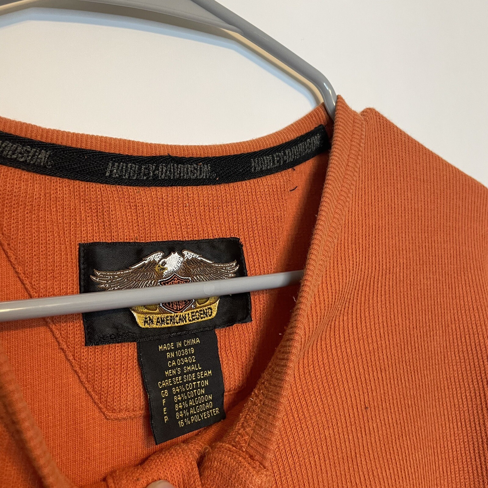 Harley Davidson Thermal Henley Shirt Adult S Orange W… Gem