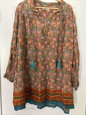 Natural Life Dara Oversized Sz Large Boho Mini Dress Tunic Tassels Floral Rayon