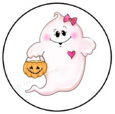 GHOST WITH PUMPKIN BUCKET HALLOWEEN ENVELOPE SEALS LABELS STICKERS PARTY FAVORS