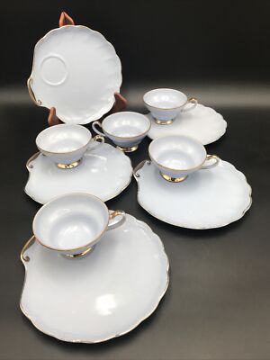 FIVE VTG Japan BLUE Shell Shape Snack Plate & Cup Sets. RARE. GOLD TRIMMED