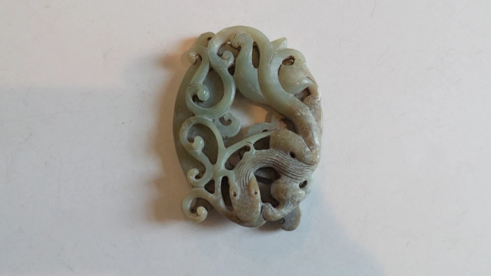 Dragón de jade chino tallado a mano inusual y amuleto de fénix   Foto 2 de 4