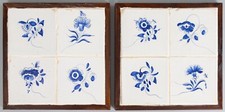 Pair Framed 18th C. Dutch Delft Blue  White Floral Set 8 Tiles Murals Plaques