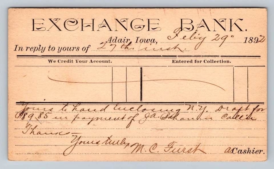 1886 UX9 Postal Card EXCHANGE BANK In ADAIR IA To Corning State Savings Bank IA - Image 3 of 3