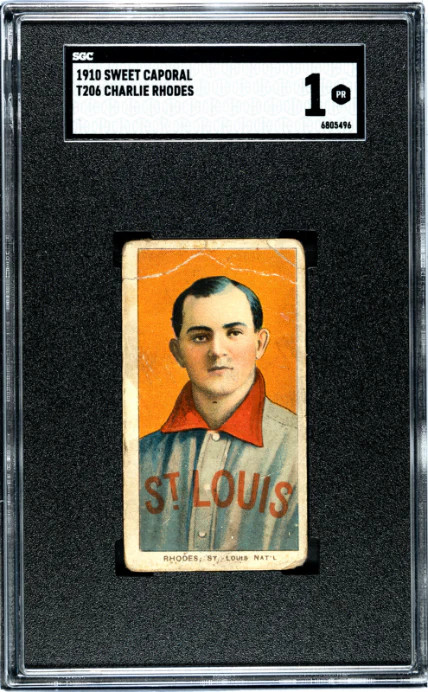 1909 T206 CHARLIE RHODES NNO POOR SWEET CAPORAL 350 SGC 1 ST. LOUIS CARDINALS