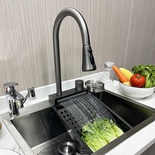 304 Stainless Steel Waterfall Kitchen Faucet Pull Out 360 Hot Cold Mixer