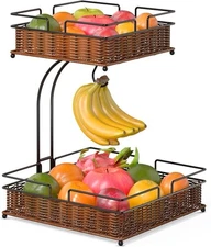 2  Tier Fruit Basket, Rattan Fruit Bowl with Banana Hanger