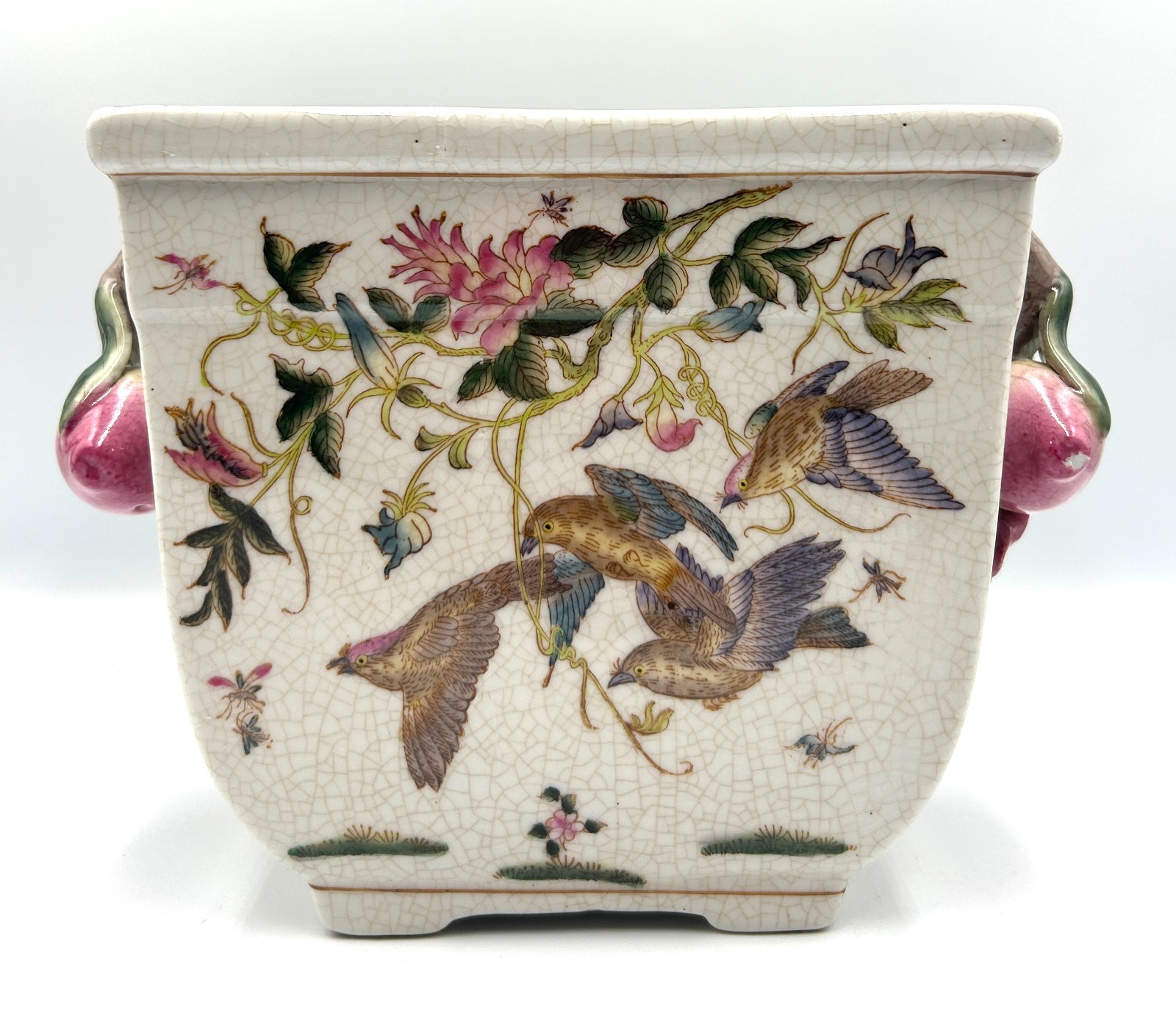 Vintage Chinoiserie Planter Fruits Flowers Birds Cachepot Ceramic Huarong Studio