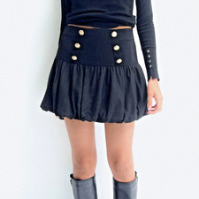 ZARA Sz S Black Balloon Short Mini Skirt with Gold Faux Buttons NWT