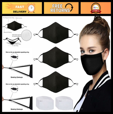 Adjustable Black Cloth Face Mask with Filter Pocket & Nose Wire - 10 Filters Inc