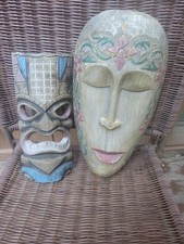2 Vintage Hand Carved Wooden Mask Wall Decor Tribal Bar Face Indonesia Tiki