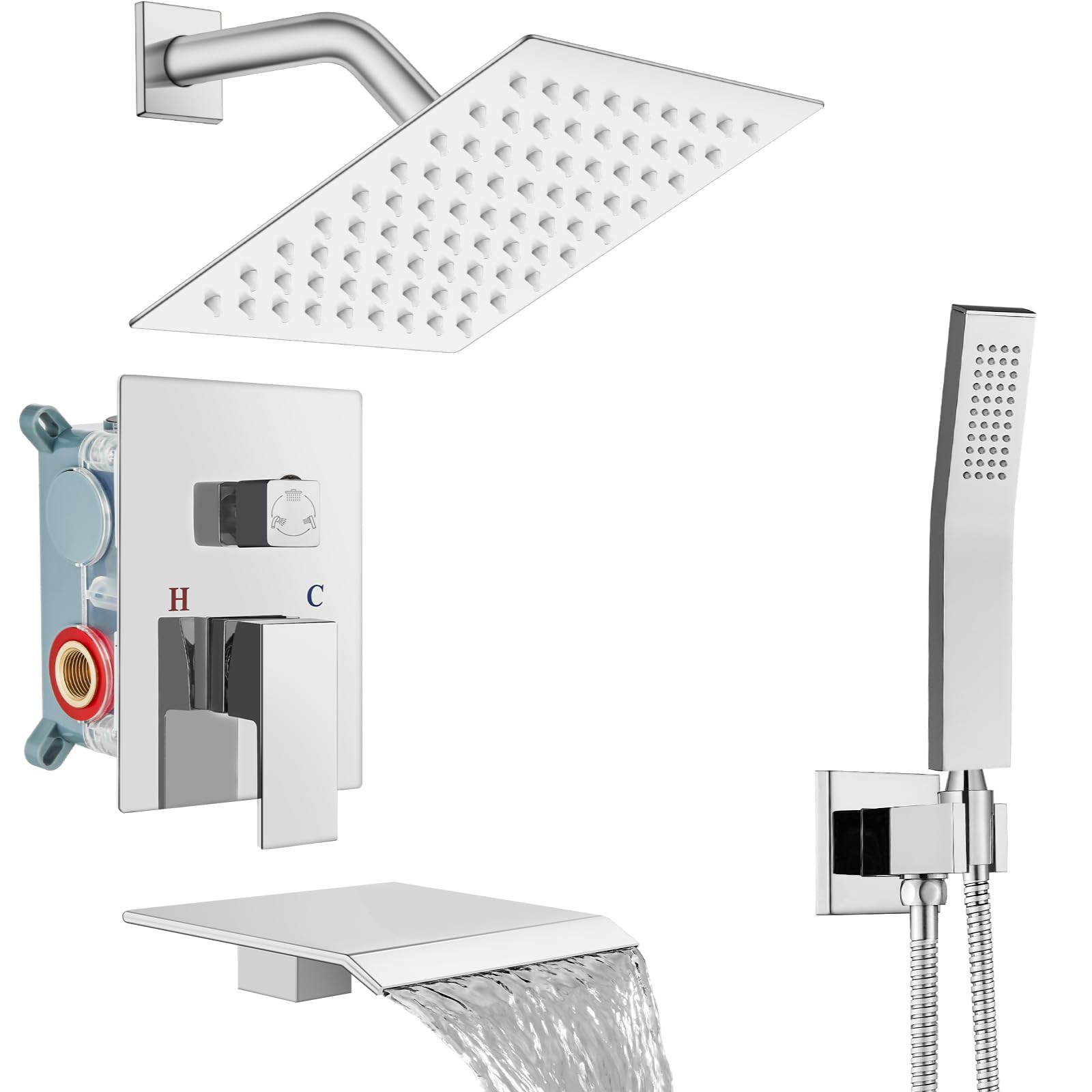 Rain Shower System Tub Shower Faucet Set Square Rainfall Shower Head with Han...