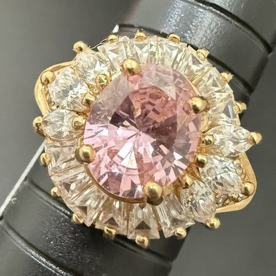 Vintage 925 Gold Over Sterling Pink Oval CZ Flower Cocktail Ring Size 