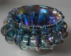 Vintage Indiana Harvest Grape Iridescent Blue Carnival Glass Punchbowl & 12 Cups