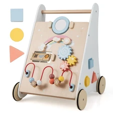 Wooden Baby Walker Baby Activity Center with Mirror Shape Sorter for 1+ Year Old