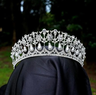 14K Weiß Gold Über Tiefer Perle Diamant Prinzessin Diana Tiara Braut Krone Weddi
