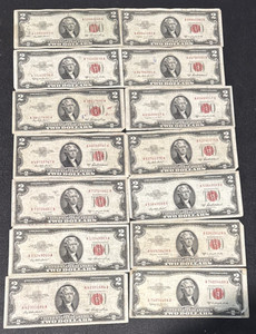 15 1953 $2.00 notes G to VF some have damages see photo's