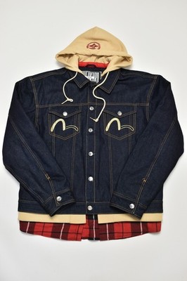Evisu Raw Jeansjacke XXL EvisuKuro Kapuze Trucker Lagenlook bestickt Grafik