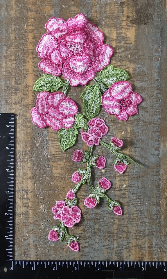 LONG STEM PINK ROSE Flower Plant Floral Roses Buds Garden Applique Patch 12X5 - Image 4 of 4