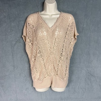 BCBGMAXAZRIA Womens Top M Linen Cotton Tunic Boho Crochet Knit V-Neck Tan Beige