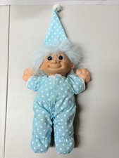 90s Vintage Large Russ Troll Doll - Blue Hair, Blue Eyes, Bedtime Pajamas
