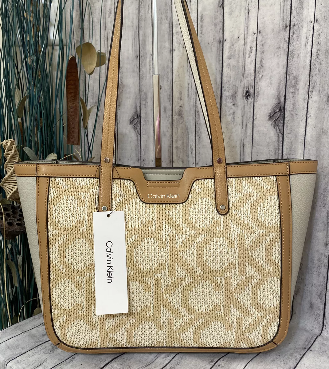 CALVIN KLEIN CK LEATHER HANDBAG BAG - WOMENS PURSE- WEAVED FABRIC FRONT- RARE!