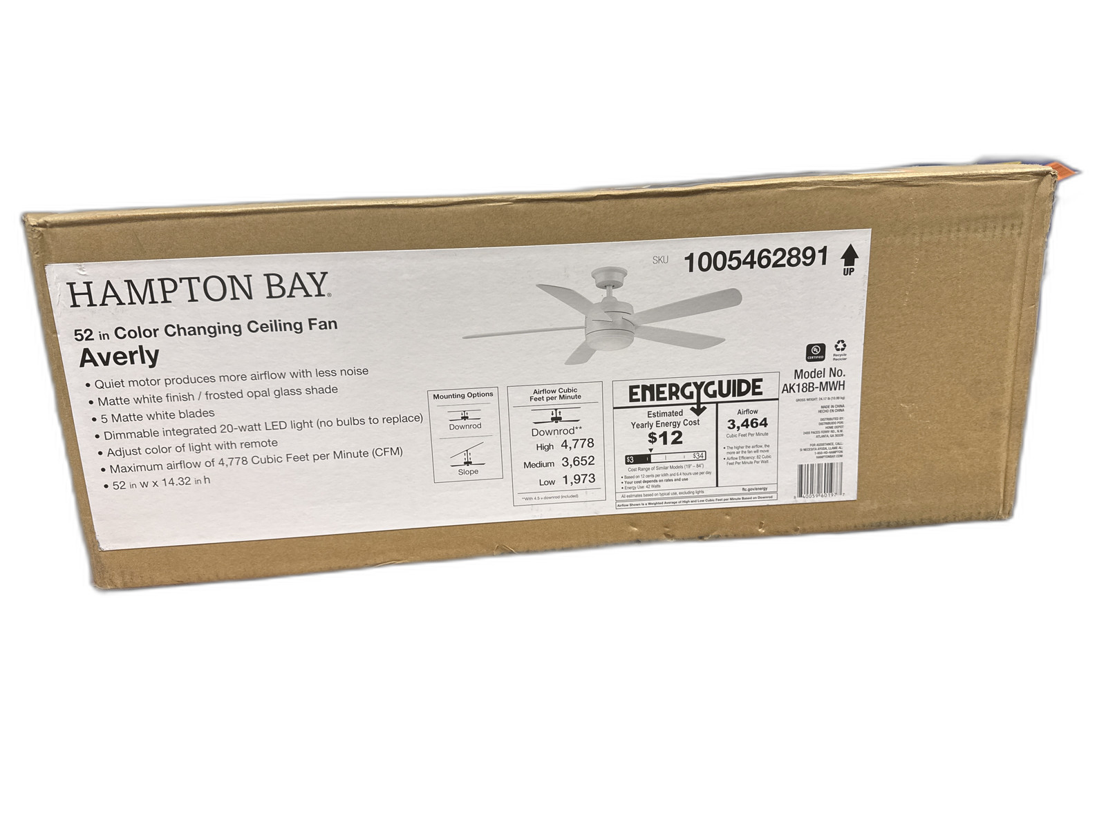 Hampton Bay Averly 52 in. Indoor Matte White Ceiling Fan with LED + Remote