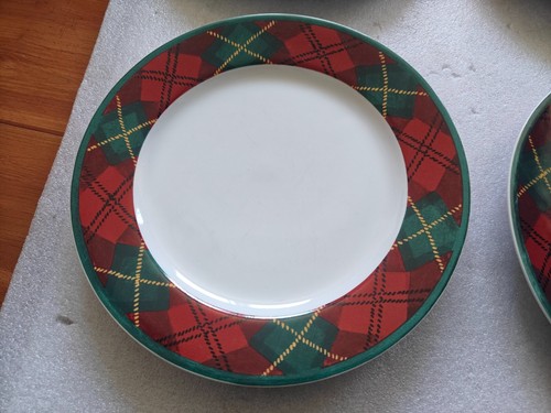 4x Block Gear Father Christmas Plaid Rim 10.5" Dinner Plates RED GREEN - Picture 12 of 16