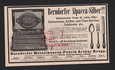 BERNDORF, Advertising 1898, Metalware Factory Arthur Krupp Alpacca Silver Rheinnick