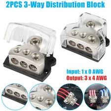 2PCS 3Way 1x 0 Gauge Input 3x 4 Gauge Output Power Ground Amp Distribution Block