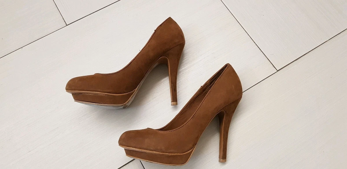 Decolt donna 36 plateau tacchi alti spillo camoscio color cuoio Stradivarius