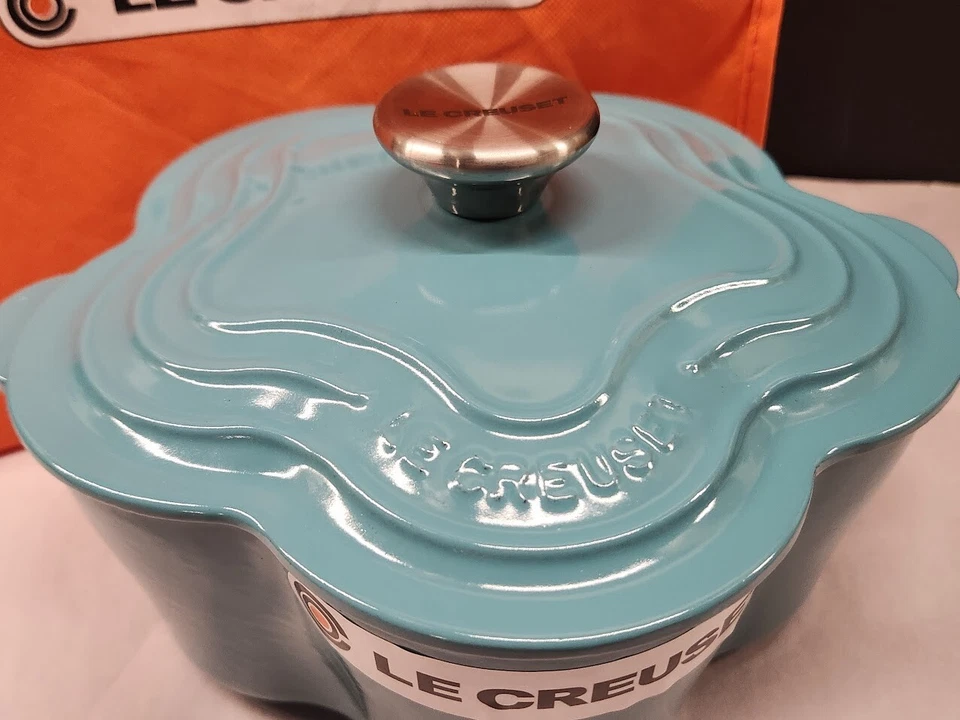 Le Creuset 2qt Cocotte Fleur Enameled Cast Iron Flower Dutch Oven Turquoise New - Image 2 of 4