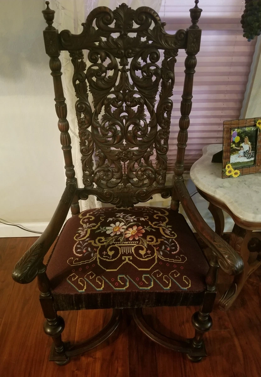 Antique High Back Throne Chair Renaissance Revival Needlepoint Seat