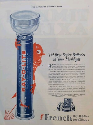 1920 French Battery Ray-o-lite And dry Flashlight. batteries vintage ad