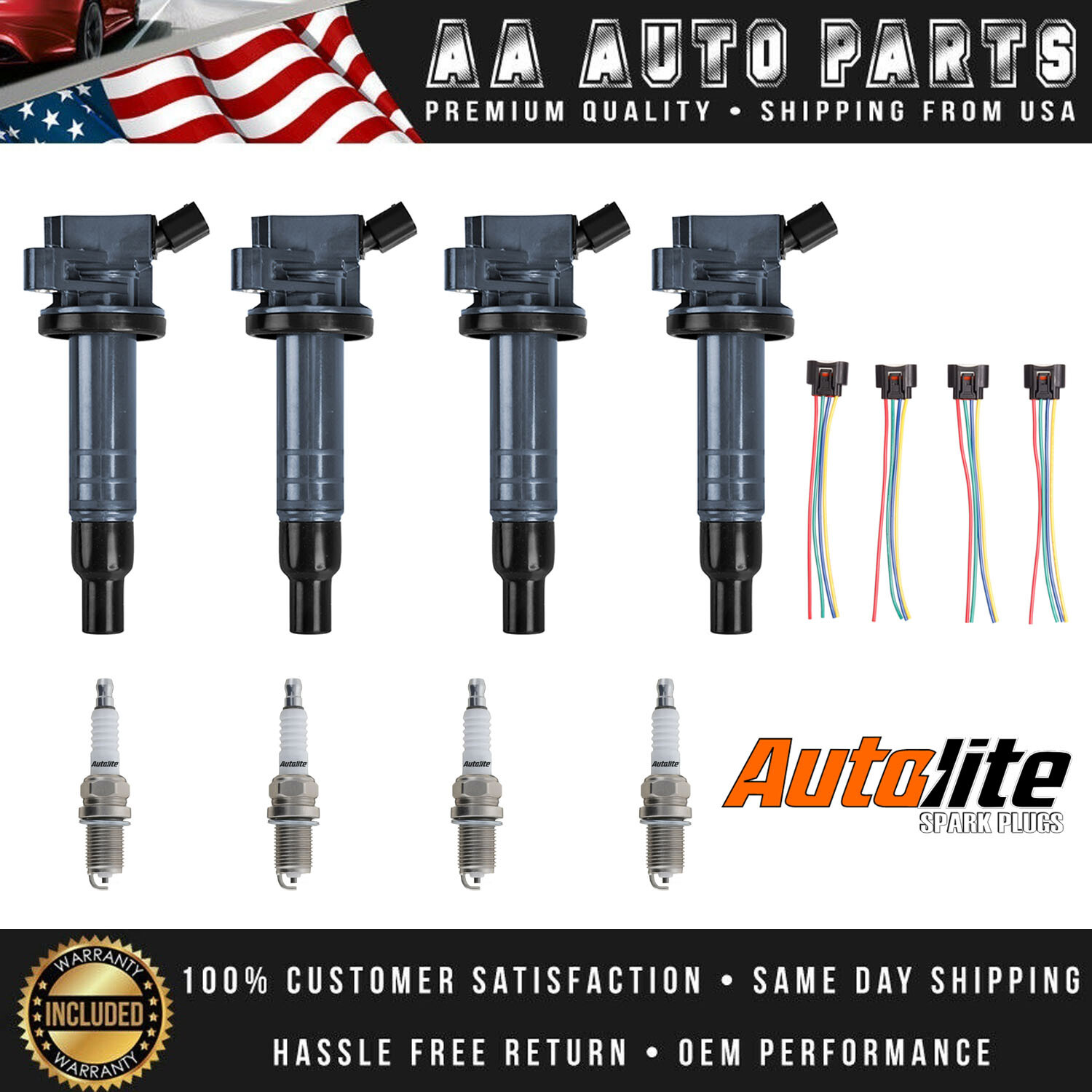 4 Ignition Coil  4 Autolite Spark Plug  4 connectors for 03-06 Pontiac Vibe