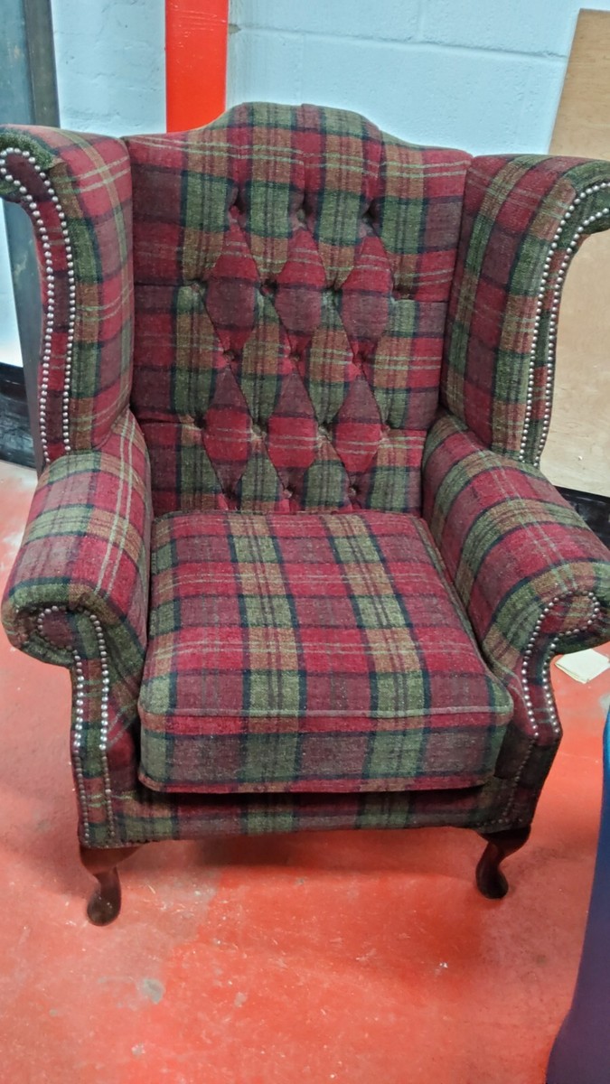 Queen Anne Green Tartan Armchair Fabric Armchair High Back
