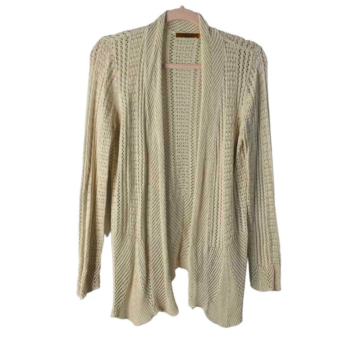 Belldini Womens Open Cardigan Sweater Sz L Open Knit Scalloped Tan