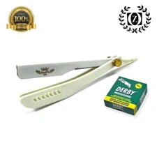 Beard Cut Throat Straight Barber Shaving Razor Rasoir + 100 Derby Blades White