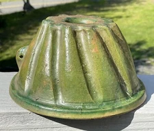 RARE Antique Green Glazed Pudding Mold 19th C. Primitive Kitchen Pottery Yellow