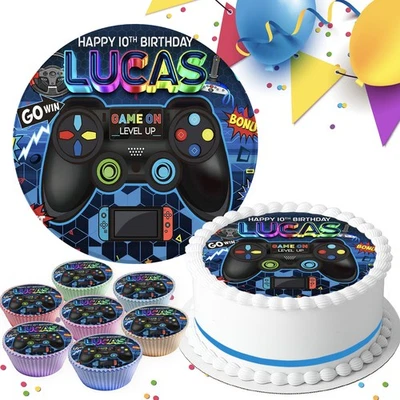 GAMING CONTROLLER BIRTHDAY PERSONALISED EDIBLE CAKE & CUPCAKE TOPPER GC-663
