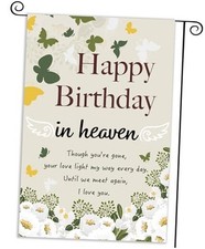 Happy Birthday in Heaven Banner Funeral Memorial Flags Memorial Garden white