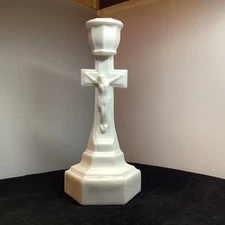 White Milk Glass Jesus Christ Lord Savior w Cross Candle stick Holder #2