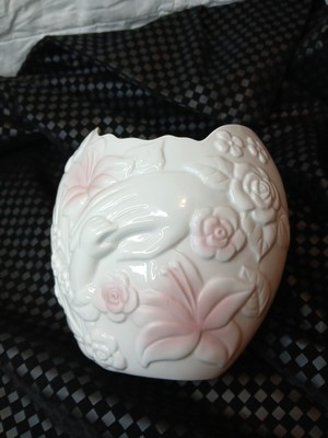VTG 90s Ceramic Vase White Pink Floral Baby Holds Mom's Finger New Baby Gift