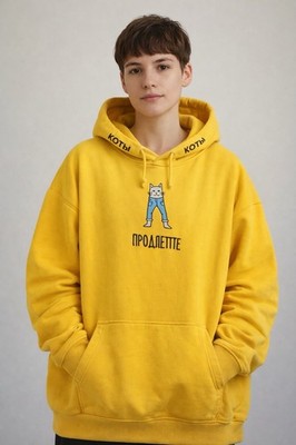 Crazy Cats Let s Go Hoodie Yellow Russian Pouch Funny Graphic Pullover Large