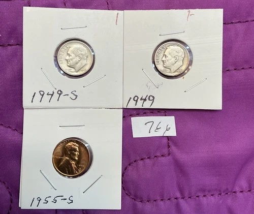 2  Circ.Roovt. Dimes  1949-S *+ 1949  90% Silver + CH. BU 1955-S Linc.01 Lot 766